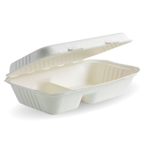 23x15x8cm / 9x6x3in 2-Compartment White Plant Fibre Clamshell