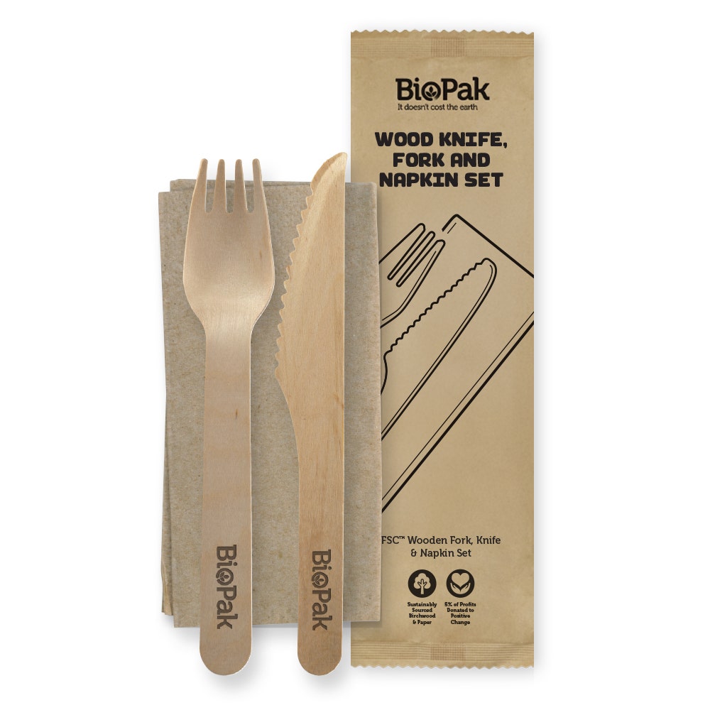 16cm Wood Knife, Fork & Napkin Set