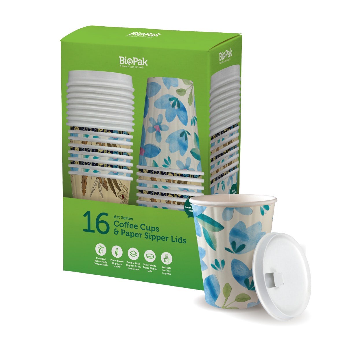 16 Pack - 390ml / 12oz Double Wall BioCup & Paper Lid