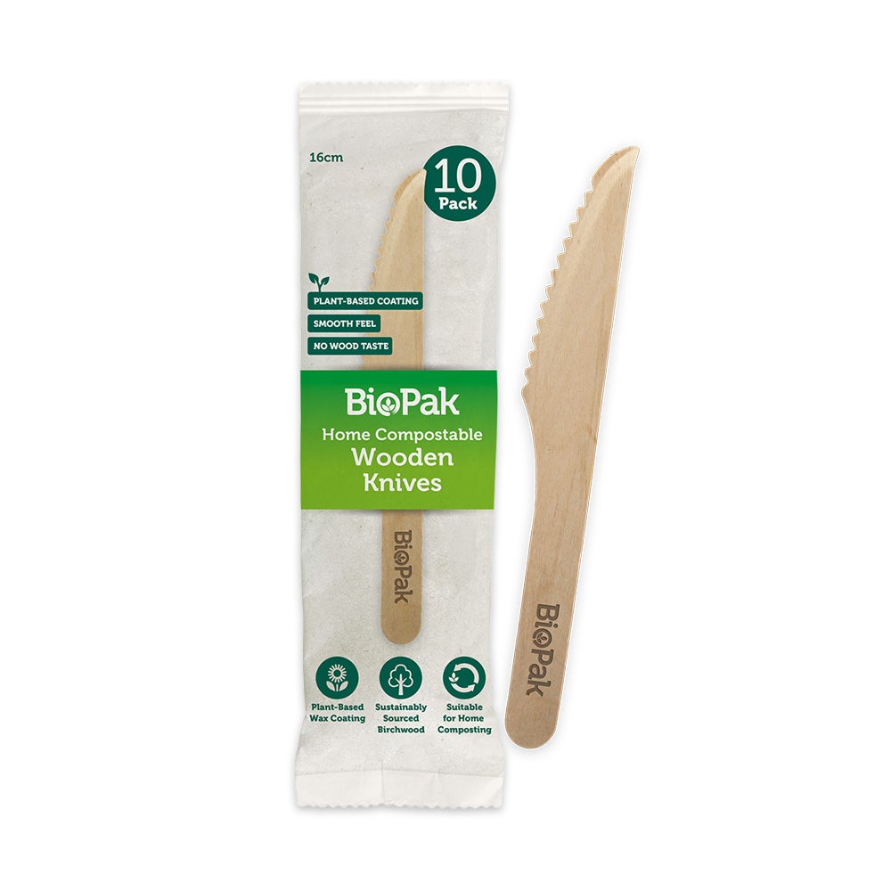 10 Pack - 16cm Wooden Knife In Paper Sleeves