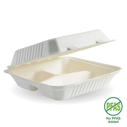 23x23x8cm / 9x9x3" 3-Compartment White Plant Fibre Clamshell