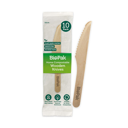 10 Pack - 16cm Wooden Knife In Paper Sleeves