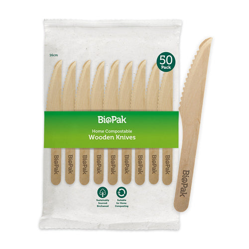 50 Pack - 16cm Wooden Knife In Paper Sleeves