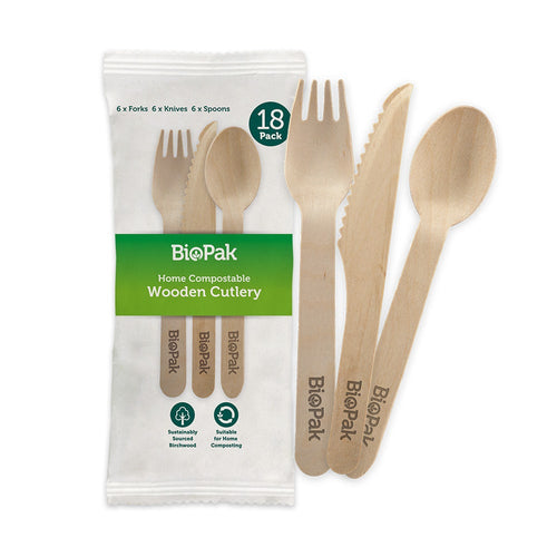 16cm FSC™ Wood Fork, Knife, Spoon & Napkin Sets