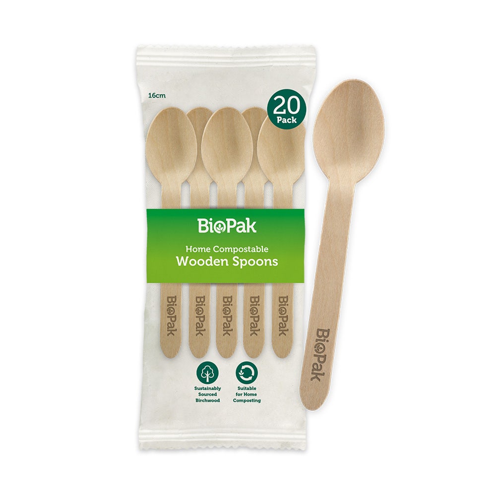 20 Pack - 16cm Wooden Spoon In Paper Sleeves
